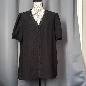 Swiss Dot Lace-Trim V-Neck Blouse - Black